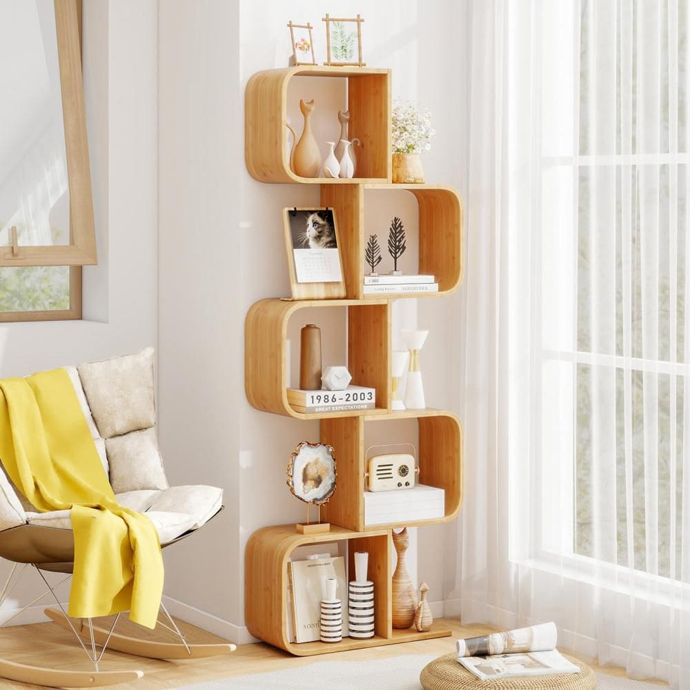 Gymax Natural 5-Tier S-Shaped 65.5 in. Bamboo Bookcase with 5-Open