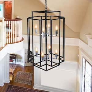 18 in. W 8-Lights Hanging Lantern Tiered Chandelier for Entryway, Foyer, Kitchen Island, E12, No Bulbs (Black Silver)