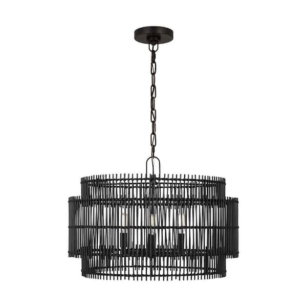 Generation Lighting Elio Medium 4-Light Aged Iron Hanging Pendant Light with Black Bamboo Shade