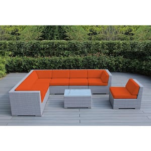Ohana Gray 8-Piece Wicker Patio Seating Set with Supercrylic Orange Cushions