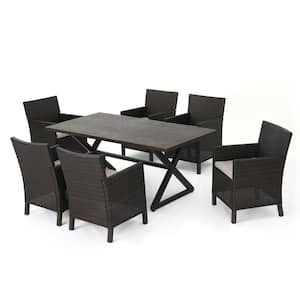 Blair 29 in. Multi-Brown 7-Piece Metal Rectangular Outdoor Dining Set with Light Brown Cushions