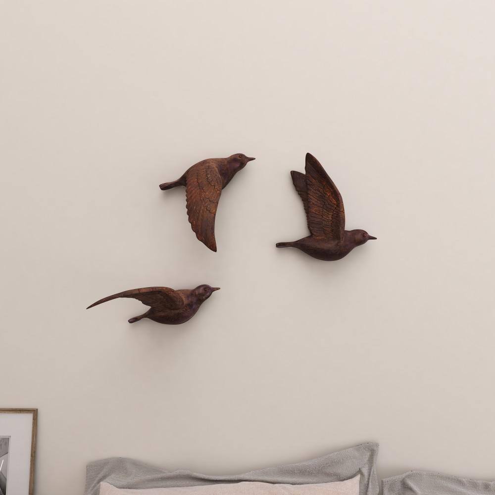 Brown Metallic 3D Sculpted Bird Wall Decor Set