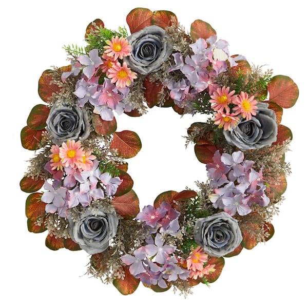 Nearly Natural 22 in. Silver Rose and Purple Hydrangea Artificial Wreath