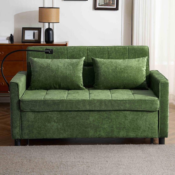 56.9 in. Square Arm Chenille Rectangle Sofa with Sofa Bed, USB Ports, Pockets and Reversible Design in Green (Seats 2)