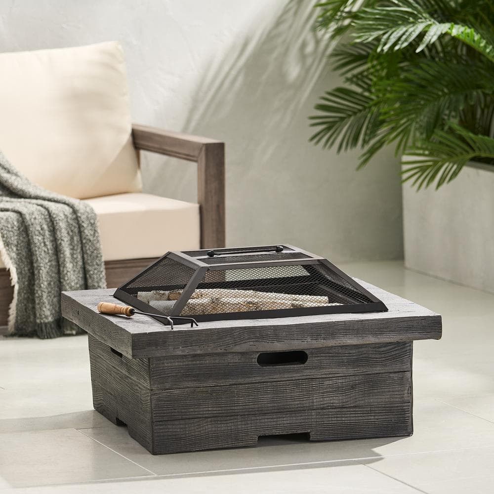 29 in. Gray Square Metal Wood Burning Outdoor Fire Pit with Fire Poker, Lid