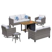 New Vultros Gray 6-Piece Outdoor Patio Fire Pit Table Conversation Set with Gray Cushions and Swivel Rocking Chairs