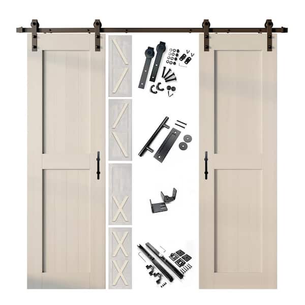 HOMACER 30 in. x 80 in. 5 in. 1 Design Tinsmith Gray Double Pine Wood Interior Sliding Barn Door Hardware Kit, Non-Bypass