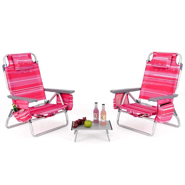 2-Pack Hot Pink Folding Backpack Aluminum Beach Chair Table Set 5-Position Outdoor Reclining Chair