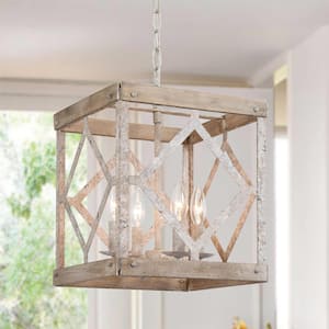 Farmhouse Cage Chandelier, 4-Light Gray French Country Wood Lantern Square Pendant Chandelier with Rustic Metal Accents