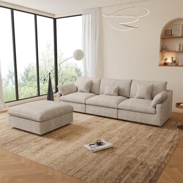 119 in. Square Arm Linen 4-Piece Oversized L-Shaped Cloud Modular Sectional Sofa with Ottoman, Washable Covers in Khaki