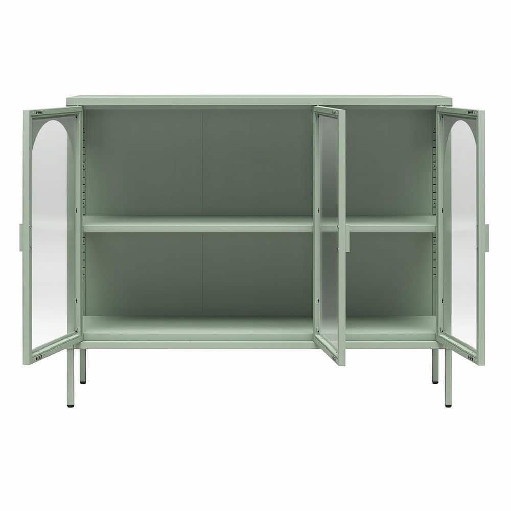 Pale Green Metal Accent Cabinet with Adjustable Shelving and Glass Doors