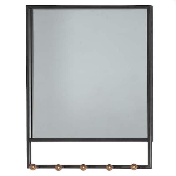 24 in. x 20 in. 5 Hooks Square Framed Black Wall Mirror
