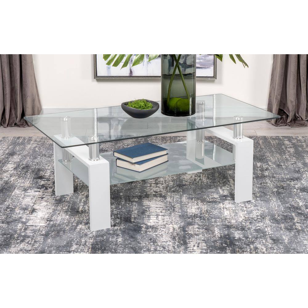 Contemporary Rectangular Glass Coffee Table with White Metal Frame and Shelf