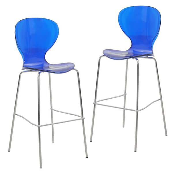 Leisuremod Oyster 29.5 in. Transparent Blue High Back Metal Bar Stool with Acrylic Seat Set of 2