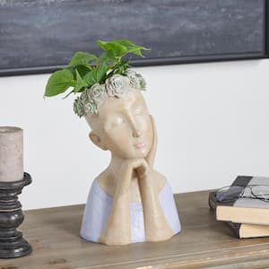 14 in. x 9 in. x 6 in. Medium Beige Resin Woman Bust Planter with Flower Crown and Blue Top
