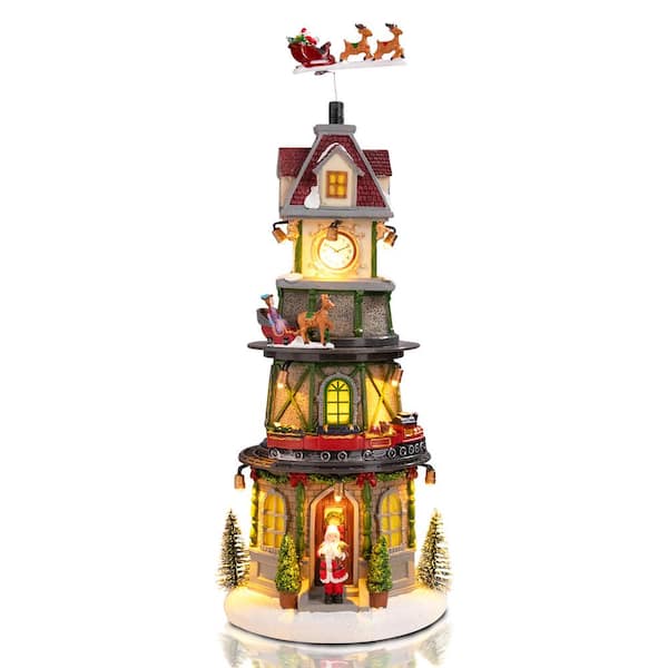 Unbranded 15 in. Christmas Tabletop Clock Tower Collectible Buildings with Revolving Train, Village House
