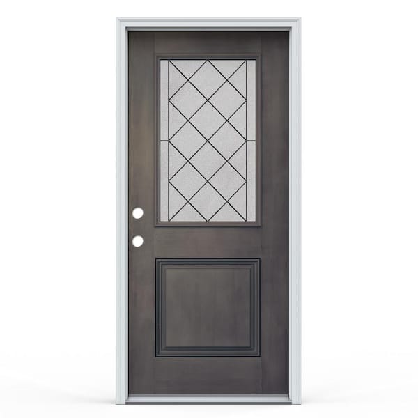 JELD-WEN 36 in. x 80 in. 1 Panel Right Hand Inswing 1 Lite Harris Earl Grey Fiberglass Prehung Front Door with Brickmould