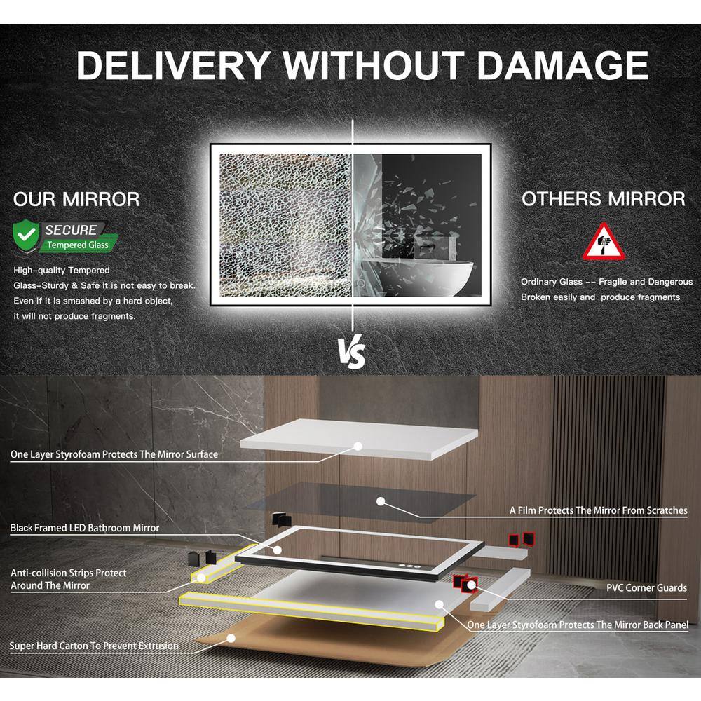 Matte Black LED Lighted Anti-Fog Tempered Glass Vanity Mirror, 60" x 28"