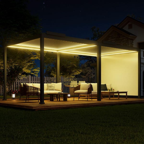 10 ft. x 20 ft. Gray Aluminum Louvered Pergola with LED Lights, Remote Control and Electric Projector Screen