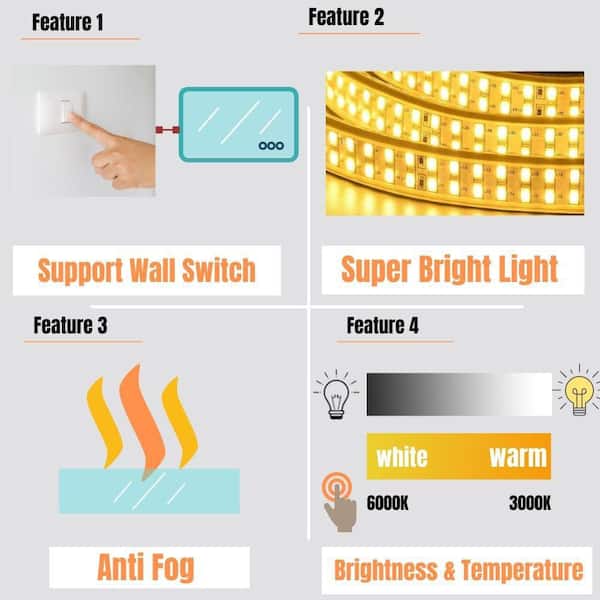 Classic 60 in. W x 28 in. H Rectangular Frameless Anti-Fog LED Light Wall Bathroom Vanity Mirror Front Light
