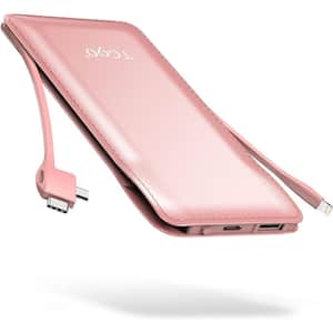 10000mAh Portable Power Bank with Built in Lightning Cable Battery Backup Compatible w/IPhone and Android, Pink
