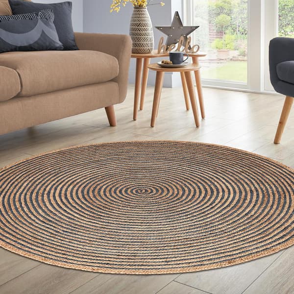 Braided Navy Blue 10 ft. Round Transitional Reversible Jute Area Rug