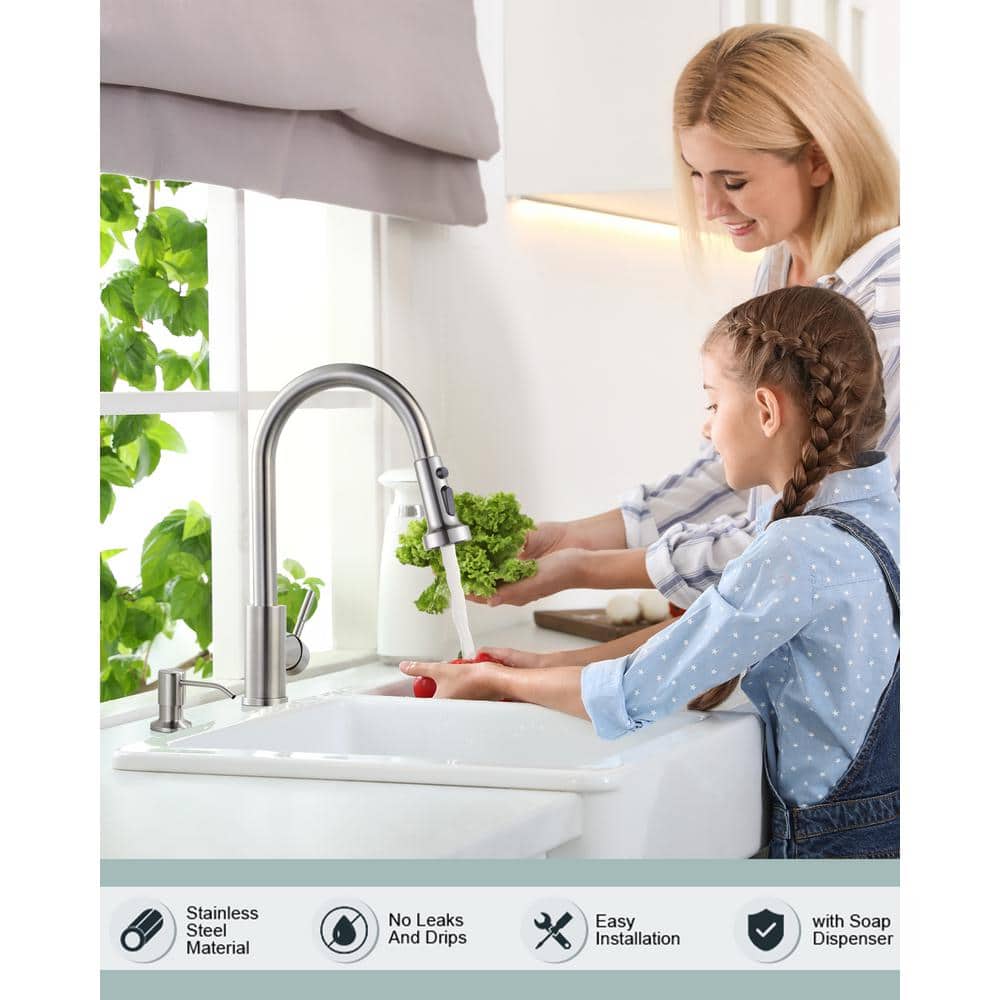 Brushed Nickel Single Handle Pull Down Kitchen Faucet with Soap Dispenser