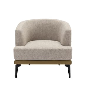 Mustard Green Metal Linen Outdoor Lounge Chair with Light Gray Cushions, Upholstered Round Armchair for Living Room