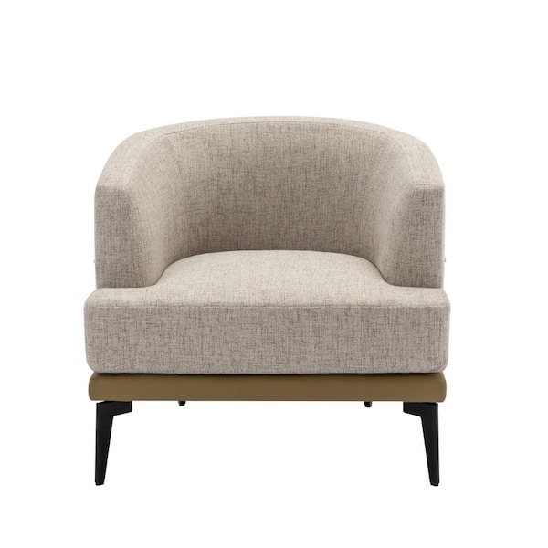 Zeus & Ruta Mustard Green Metal Linen Outdoor Lounge Chair with Light Gray Cushions, Upholstered Round Armchair for Living Room