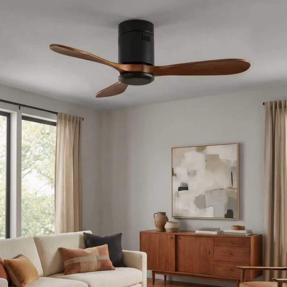 42 in. Black Housing Solid Wood Blade Flush Mount Modern Ceiling Fan with No Bulbs Included with Remote Included price history on PriceWatchPro
