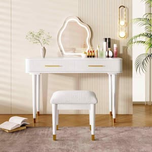 2-Drawers White Makeup Vanity Table Wooden Dressing Desk with Touch Screen Lighted Mirror, Cushioned Stool