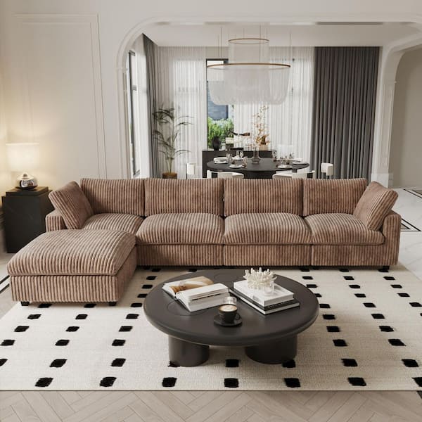 Magic Home 157 in. Square Arm Soft Faux Rabbit Fur Velvet 5-Piece Modular Sectional Sofa with Ottoman,Washable Covers in Brown