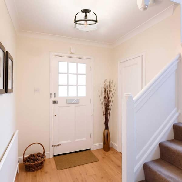 Jaxon 13.25 in. 1-Light Oil Rubbed Bronze Industrial Entryway Semi-Flush Mount with Clear Glass Shade