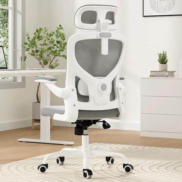 Polyurethane Adjustable Height Office Tesk Chair in Gray with Adjustable Lumbar Support and Flip-up Armrests