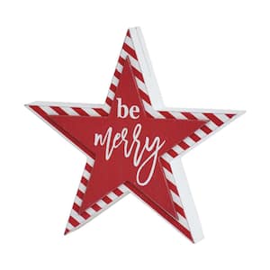 6 in. Red Star-Shaped Christmas Wood Tabletop Photo Holder with Be Merry Text