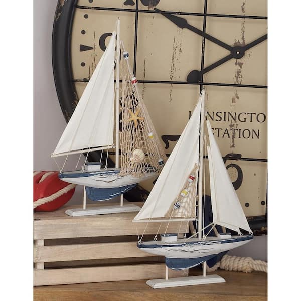 Oriana White 13 in. x 20 in. Wood Sail Boat Sculpture (Set of 2)
