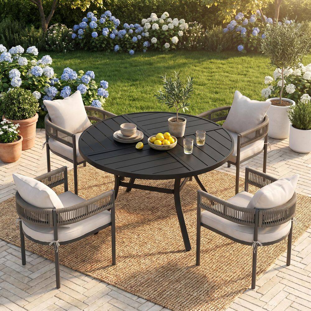 5-Piece Metal Outdoor Dining Set with 40.6 in. Black Round Dining Table and 4 Gray Woven Rope Chairs with White Cushions price history on PriceWatchPro