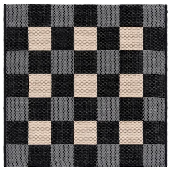 Courtyard Black/Beige 3 ft. x 3 ft. Plaid Grid Indoor/Outdoor Square Area Rug