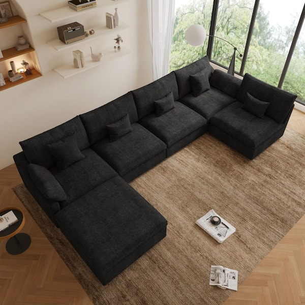 196 in. W Square Arm Linen Upholstered Rectangle 5-Seater Sectional Sofa with Ottoman in. Black