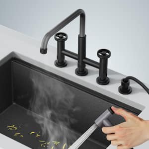 Urbix Double Handle Color-Changing Bridge Kitchen Faucet with Side Sprayer and ColorSmart Technology in Matte Black