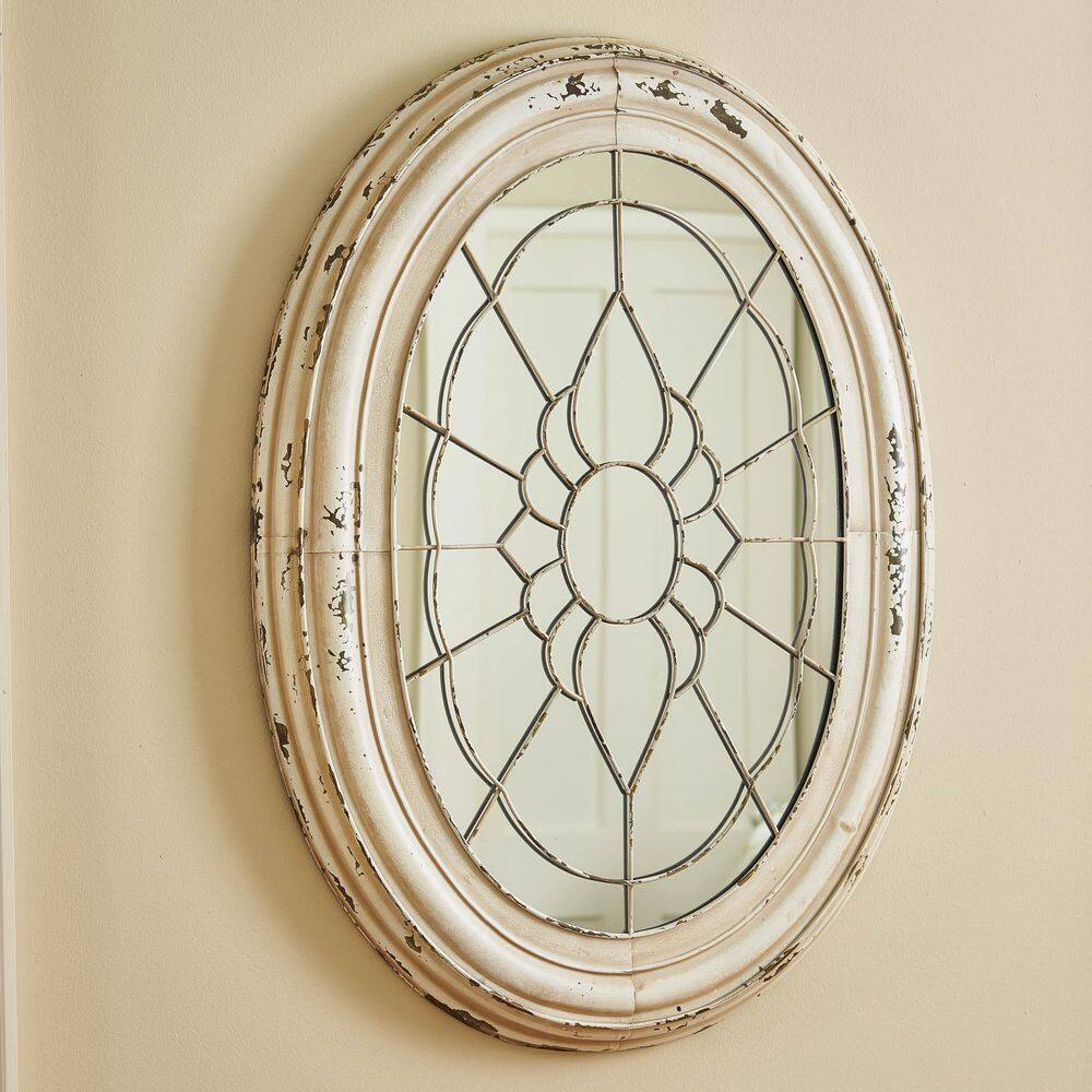 Aged Cream Oval Wood and Metal Window Frame Mirror