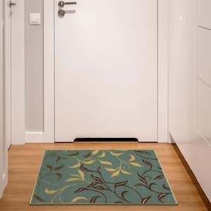Ottohome Collection Non-Slip Rubberback Leaves 2x3 Indoor Area Rug/Entryway Mat, 2 ft. 3 in. x 3 ft., Dark Seafoam Green