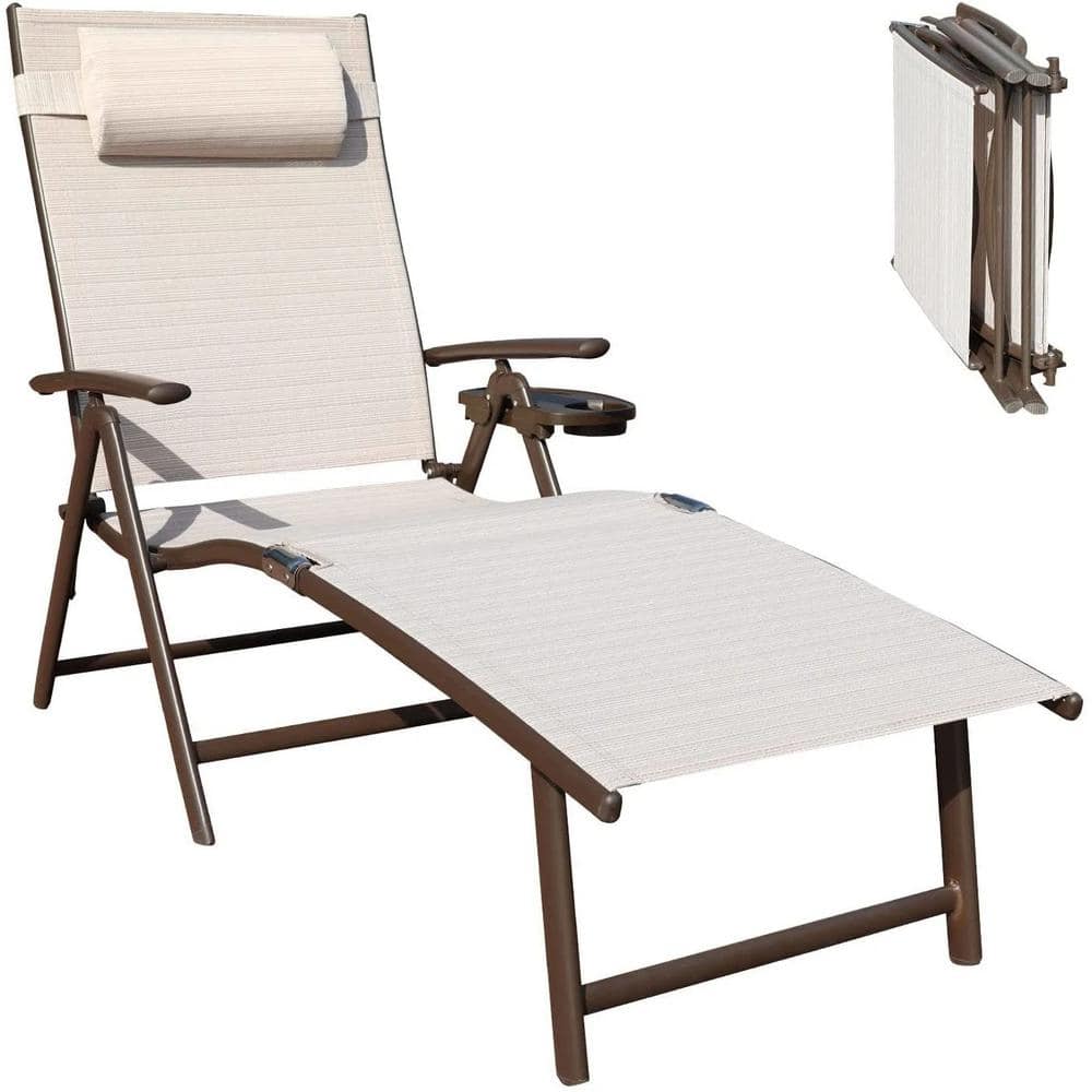 Folding Adjustable Recliner Aluminium Outdoor Lounge Chair with Cup Holder 