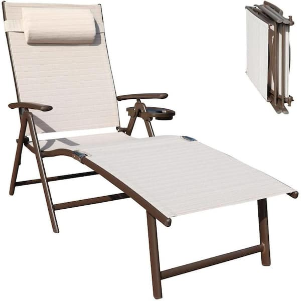 ANGELES HOME Folding Adjustable Recliner Aluminium Outdoor Lounge Chair with Cup Holder in Beige (Set of 1)