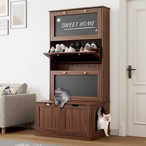 FUFU&GAGA Cat Litter Box Enclosure with 3 Shoe Cabinets, 70 in. Multi-Functional Cat Litter Box, Entry Litter Box w/Marker Tablet
