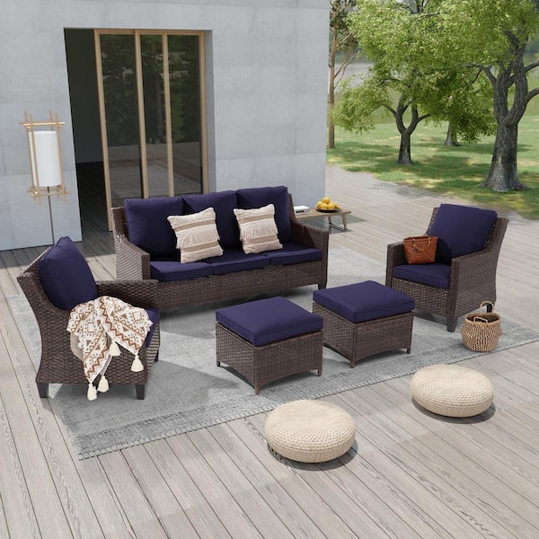 JOYESERY 5-Piece Brown Wicker Outdoor Conversation Seating Sofa Set, Navy Blue Cushions with 3-Seater Sofa, Ottomans
