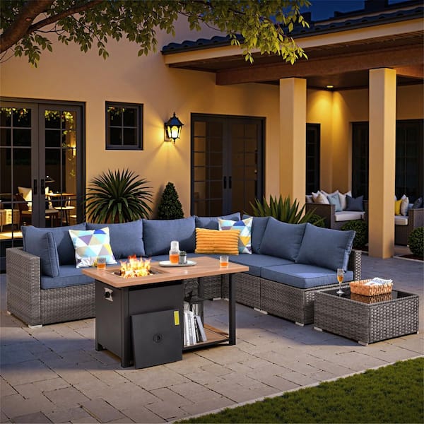 Elora Gray 8‑Piece Wicker Outdoor Sectional Set with Fire Pit Double-Tier, Denim Blue Cushion and Coffee Table