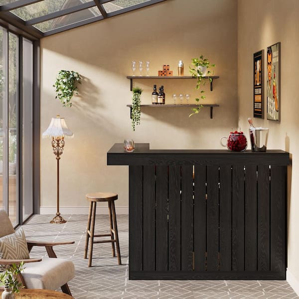 Kearsten 43.3 in. H L-shaped Bar Table with 3 Muti-Bottle Shelves, Black Wooden Bar Counter Cocktail Table for Bars