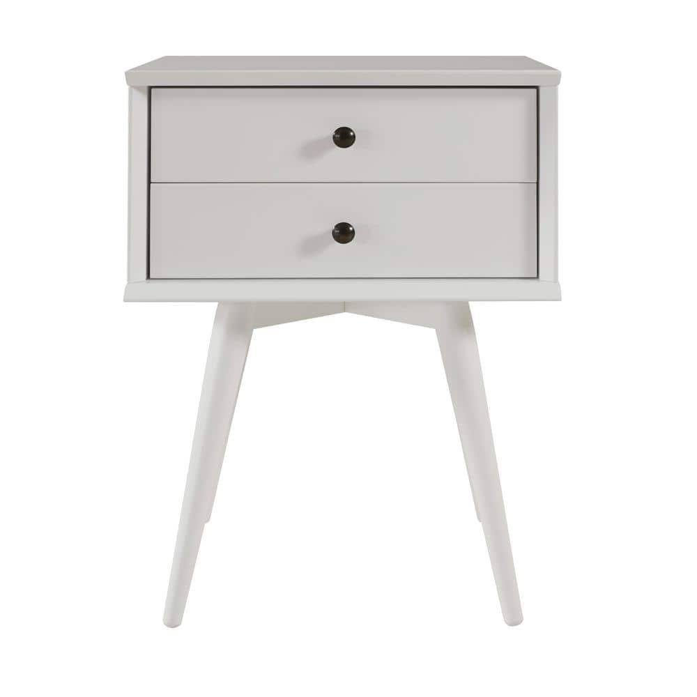 Mid-Century Modern 2-Drawer White Solid Wood Nightstand