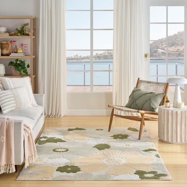 Aloha Ivory Green 5 ft. x 8 ft. Floral Contemporary Area Rug